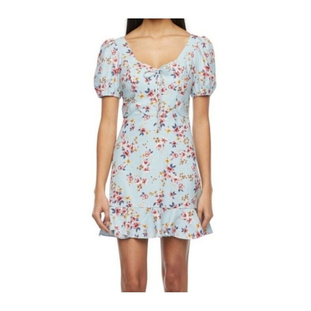 City Triangles Linen Blue Floral Puff Sleeve Mini Dress Fairy Cottagecore XL